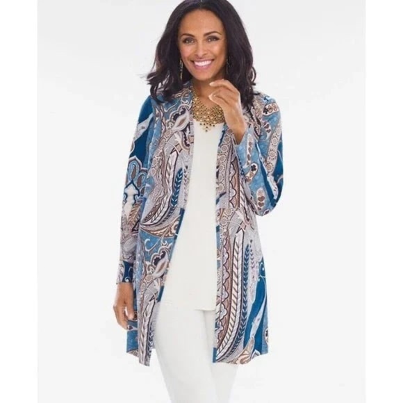 Chico’s Paisley Jacket Coat Topper Faux Suede NWT Chicos Size 0 = XS Blue - Picture 1 of 11